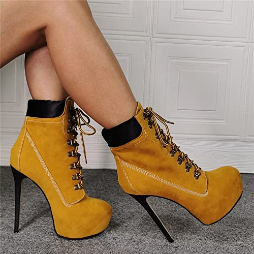Frankie Hsu Stiletto Platform High Heeled Ankle Work Boots, Sexy Yellow Khaki Style Bootie, Big Size Fashion Designer Tooling Shoes For Women Men2