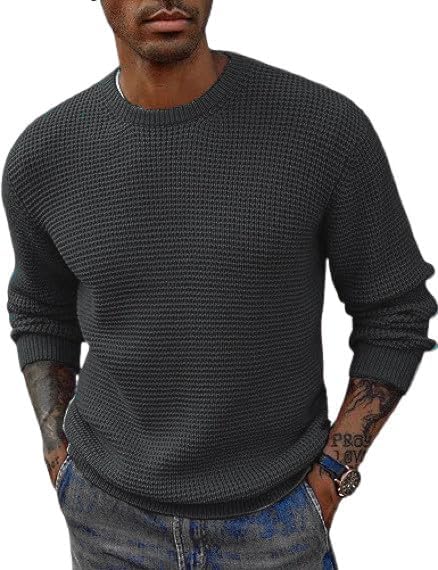 Waffle Knit Mens Sweater Woolen Round Neck Wool Pullover