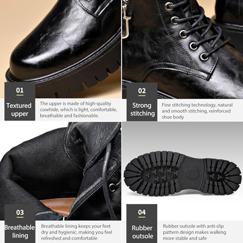 Men'S Genuine Leather Platform Combat Boots Fashion Lace Up Side Zipper Lug Sole Non-Slip High Top Motorcycle Boots Comfort Outdoor Waterproof Soft Sole Work Ankle Booties2