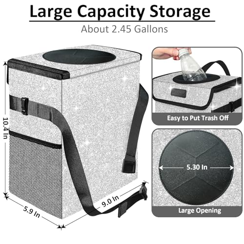 Image of Cute Mini Car Trash Bag with Lid, Glitter Garbage Can Bin Hanging for Back /Front Seat /Console, Waterproof, Leakproof, 2.5 Gallon, Silver Bling Sparkly