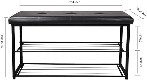 Miniatura 2 de ARDOUR VAN - Banco de zapatos de entrada de 3 niveles negro con asiento acolchado de piel sintética para 8 pares, organizador tapizado de