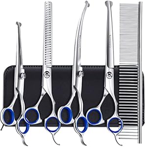 Gimars Titanium Coated Professional 6 in 1 4CR Stainless Steel Dog Grooming Scissors with Safety Round Tip, Heavy Duty Pet Grooming Scissor for Dogs, Cats and Other Animals