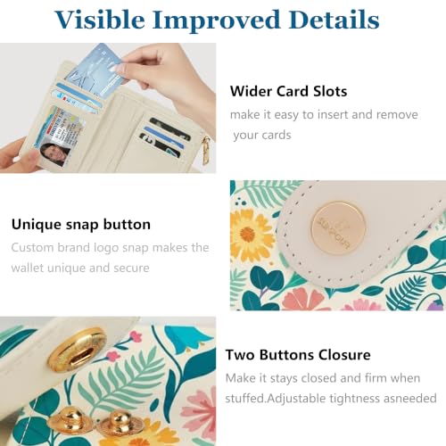 Image of Floral Womens Bifold Wallet,Compact Leather Credit Card Holder | RFID leather small Card wallet for crossbody bag,billfolds for women with 12 card slots 3 ID window, gift for women girls