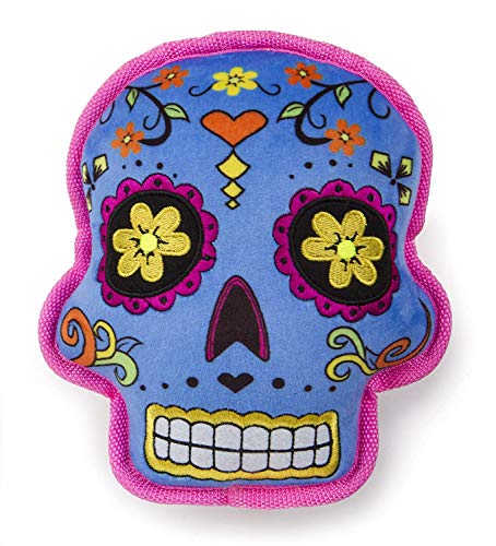goDog Sugar Skulls Day of The Dead Squeaky Plush Dog Toy, Chew Guard Technolog - Blue, Large
