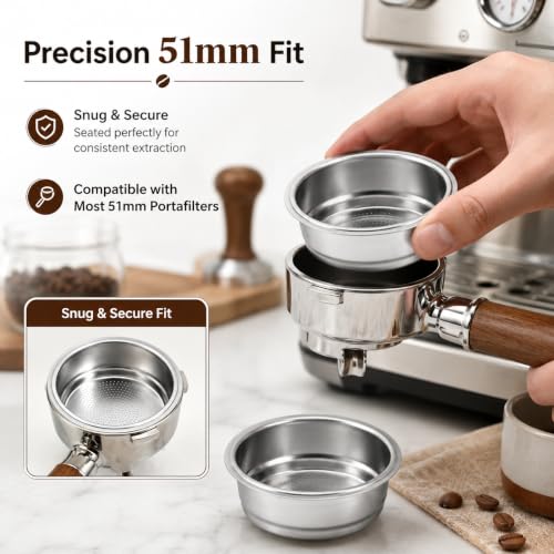 Image of 2PCS Coffee Strainer Basket, Portafilter Basket 51mm, Single Layer 1 Cup and Single Layer 2 Cup, Double Layer Stainless Steel, Fine Filter to Fully Extract, Espresso Machine Accessories