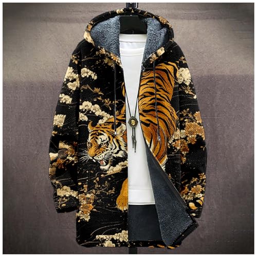 Mens Dragon Graphic Vintage Fleece Jacket Hooded Cardigan Zip Up Japanese Long Coat Tiger Print Outwear with Pockets2