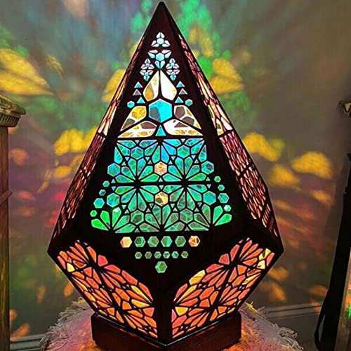 Lampada a Mosaico Bohemien, Lampada da Terra in Legno Marocchino Fatta a Mano Bohemien Luce Notturna Cava Geometrica retrò Lampada Decorativa da Pavimento Stellato Lampada di proiezione 3D