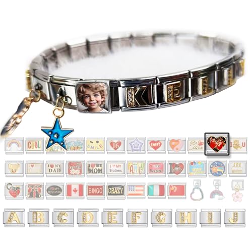 Customized Italian Charm Bracelet – Select a Starter with Icon and Letter Charms,Personalized Name Bracelet Gift for Women,Men,Love,Mom,Daddy,Family,Friends
