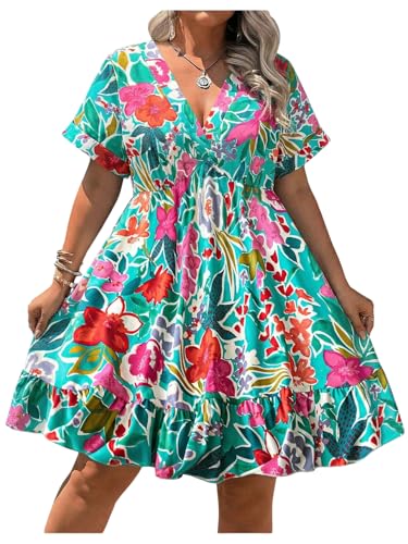 Image of Floerns Women's Plus Size Summer Vacation Wrap V Neck Short Sleeve Ruffle Hem A Line Hawaiian Short Dress