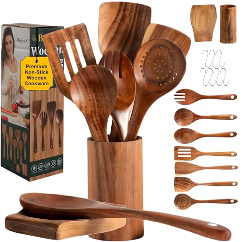 Premium Kitchen Wooden Cooking Spoons Set (9-Pcs) - Acacia Wood Utensils Set Non Toxic, BPA-Free & Safe Wooden Spatula set, Ladle set, Stirring & Mixing Spoons | Non Toxic wooden Utensils for Cooking