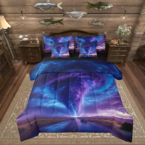 Erosebridal Nature 7 Pcs Comforter Set Full Size,Ombre Lightning Tornado Bed in a Bag with Flat Fitted Sheet for Kids Teens Adult,Dreamy Purple Blue Bedding Set with Pillowcase and Sham Reversible