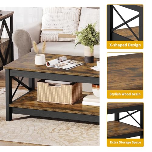 DWVO Brown Coffee Tables for Living Room Storage Coffee Table Wood Coffee Table with Thicker Legs 2 Tier Modern Coffee Tables Center Table for Living Room, Brown