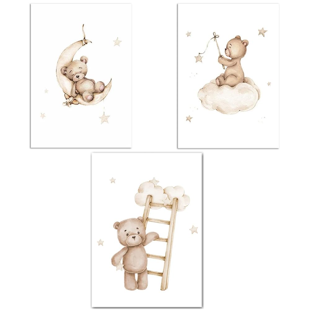 3 Laminas Oso 30X40CM Cuadros Habitacion Infantil Niño Poster Beige Lienzo Animales Bebe Laminas Decorativas Pared Infantil Cuadros Bebé Habitacion Niño Animaux Lienzo Beige Bebe Oso sin Marco