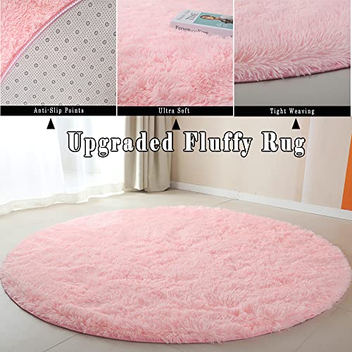 Pink Round Rug 180cm for Girls Bedroom Fluffy Circle Ru g for Kids Roo m Shaggy Circular R ug for Teen Girls R oom Furry Carpet for Nursery Ro om Fuzzy Plush Rugs for Dorm Cute Rooms Decor - Image 2