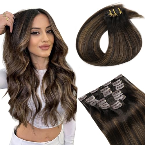 Yuniffe Clip in Hair Extensions Human Hair Balayage Dark Brown to Chestnut Brown 16 Inch 8pcs 120g Hair Extensions Clip in Natural Straight Remy Human Hair Extensions for Women #R2-6-2