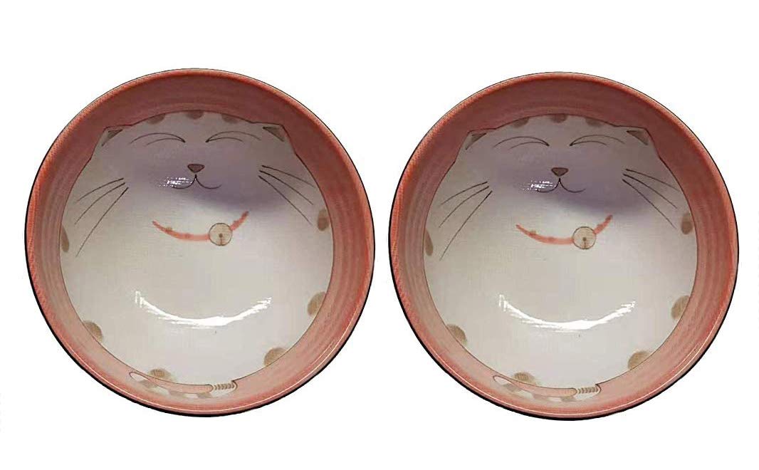 JapanBargain, Set mit 2 japanischen großen Porzellanschalen, Siebsuppe, Reis, Nudelsalat, Maneki Neko lächelnde Katze, 15,9 cm, hergestellt in Japan