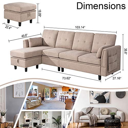 JY QAQA Convertible Sectional Sofa Couch with Reversible Chaise, L-Shaped Couch 4-seat Sofas with Modern Chenille Fabric for Living Room(Dark Khaki) - Thumbnail 4