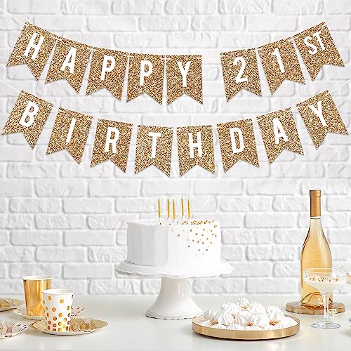 Image of Pre-Strung Happy 21st Birthday Banner - Gold Glitter Birthday Banner | No DIY - Gold Glitter 21st Party Decorations for Men & Women - Pre-Strung on 6 ft Strands - Bday Party Decorations & Decor