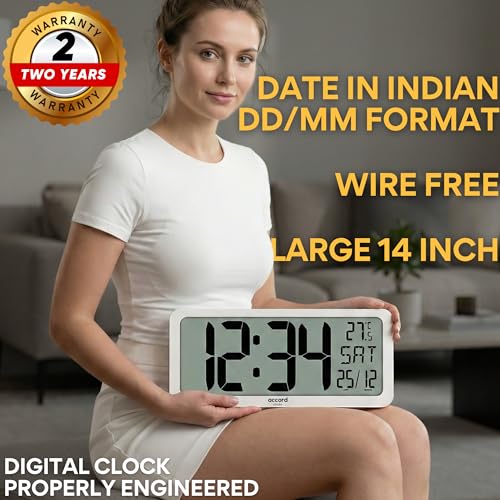Image of Large Digital Wall Clock 14 Inch - Battery Operated (No Wires), Big Display with Alarms, Day & Date (Indian Format), Room Temperature -Plastic,White