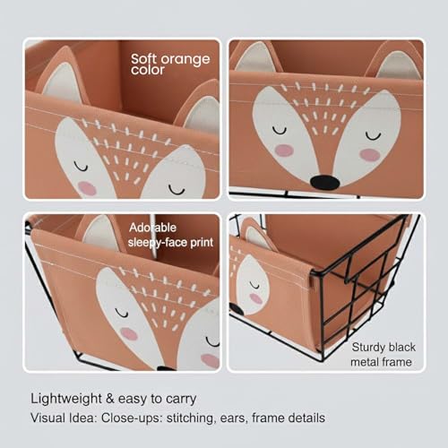 Image of Go Hooked Cute Fox Design Storage Basket for Kids | Strong Metal Wire Organizer with Detachable Fabric Liner | Multipurpose Basket for Toys, Fruits, Snacks, Bathroom, Wardrobe & Home Decor