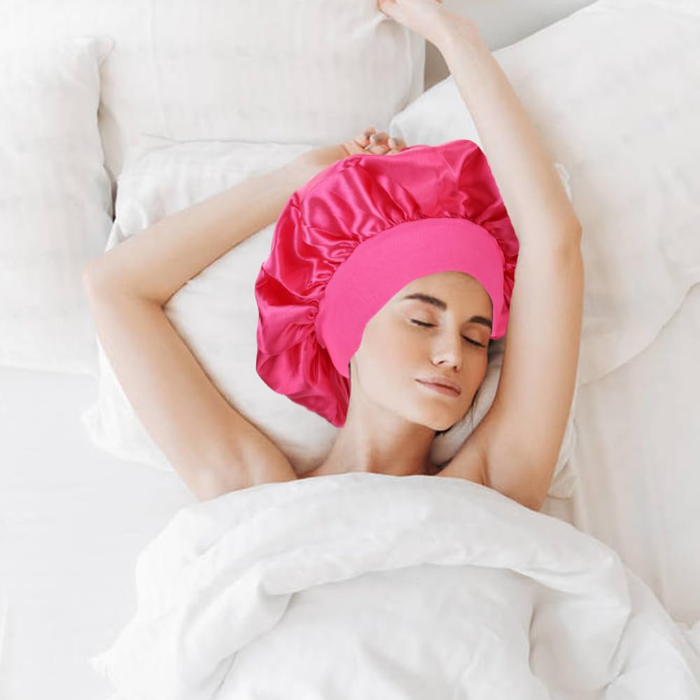Lawie Paquete de 8 gorros de ducha sedosos con forro de satén, protector de pelo largo rizado, para noche, grande, ajustable, banda ancha, sombreros para dormir, envolturas para el cabello para