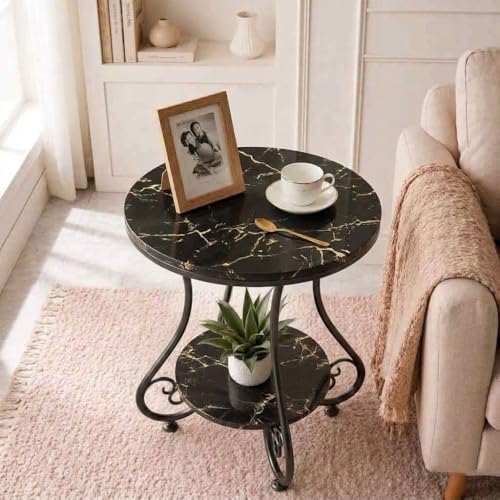 Image of CARTADEN 2 Tier End Table in Living Room, Industrial Style Round Bedside Table with Storage, Small Outdoor Coffee Table for Bedroom Balcony Patio Full Black