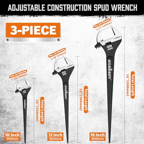 Image of HORUSDY 3-Piece Adjustable Spud Wrench Set, 10 inch, 12 inch, 16 inch, CR-V Steel, SAE & Metric Scale, Black Oxide Finish, Heavy Duty Wrenches for Construction, Mechanical Repair, DIY and Outdoor Projects