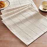 ZeeMart Linen Checked Table Runner, 13x48 Inches Beige, Textured Woven Farmhouse Table Runners 48 Inches Long, Neutral Plaid Dresser Scarf for Kitchen Dining Holiday Everyday Decor