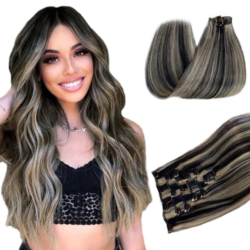 Image of Belaved Clip in Hair Extensions Full Head 14 Inch 70g Natural Black Mix Blonde Highlights Clip in Hair Extensions Real Human Hair for Women 7pcs Double Weft Straight