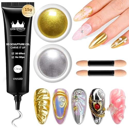 BISHENGYF Kit de poudre à ongles chromée et gel 3D pour nail art 4-en-1, avec poudre à ongles miroir sans essuyage pour ongles or rose et argent, base...