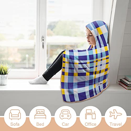 Throw Blankets, Yellow And Blue Wearable Hooded Blanket For Adults, Retro Scottish Checkered Tartan With Color Stripes, Soft Warm Cozy, 60 X 80Inches, For Kids Adults Travel Throw Blankets #TOP4