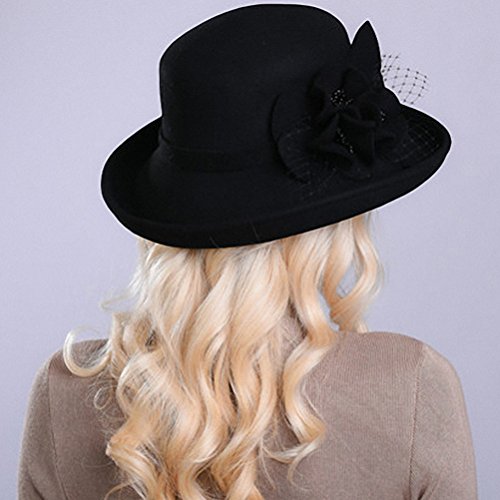 Maitose Women's Wide Brim Wool Felt Bowler Hat Black - Thumbnail 2