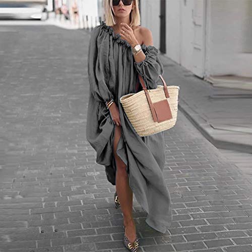 Womens-Off-Shoulder-Maxi-Dresses-Plus-Size-34-Sleeve-Plain-Swing-Bohe-Beach-Party-Long-Dress