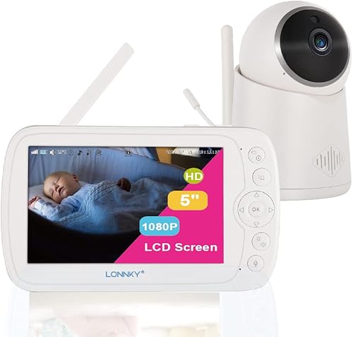 LONNKY Monitor de bebé con cámara y audio, pantalla a color de 5 pulgadas con cámara panorámica de 1080P de 355inclinación de 65, audio de 2 vías,
