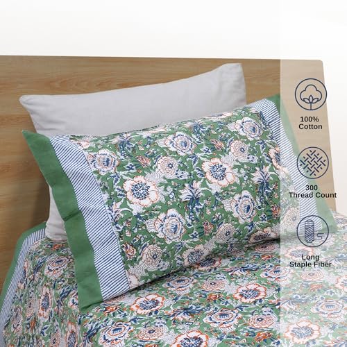 Image of TOAI Hand Block Printed Bedsheet | Bed Sheet Flatsheet| Pure Cotton | Single Bed Size 60 inchx90 inch | 300 TC Long Staple Cotton | 1 Reversible Pillow Cover |Messy Garden