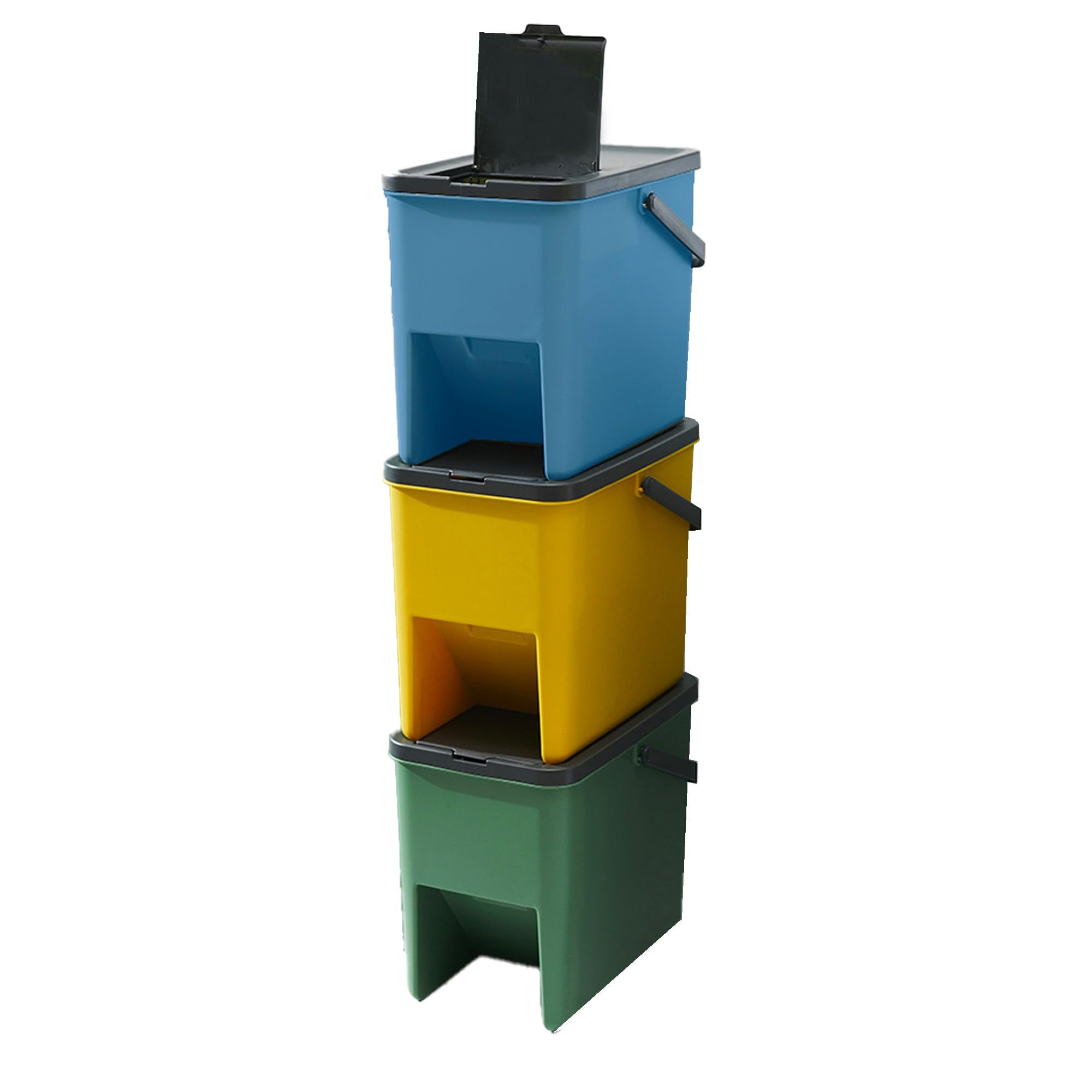 KITCHEN MOVE Bergen - Juego de 3 cubos apilables de 20L para reciclaje – 80L – Papelera de clasificación selectiva de plástico, colores amarillo, azul, verde y gris