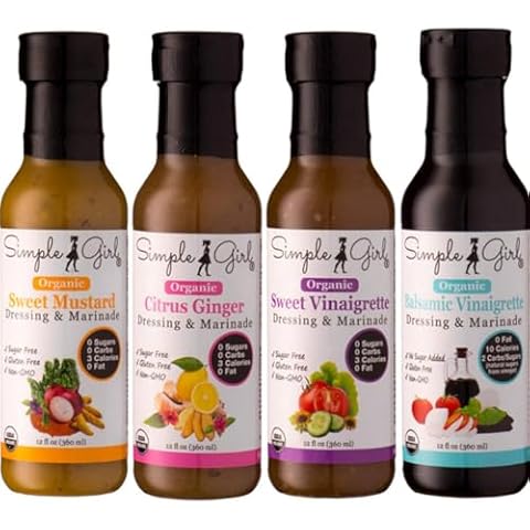 Simple Girl Organic Salad Dressing Variety - Sweet Vinaigrette, Balsamic Vinaigrette, Sweet Mustard and Citrus Ginger - Sugar Free Dressings, Low/No Carb, Fat Free, Diabetic, Gluten Free, Vegan, Paleo, and Keto Friendly - 4 Pack (12 Fl Ounce each) Cover