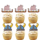 18pcs Glitter Dessert Cupcake Topper Viking Ship Helmet Brave Barbarian Pirate Theme Decor Supplies Baby Shower Happy Birthday Party Decorations