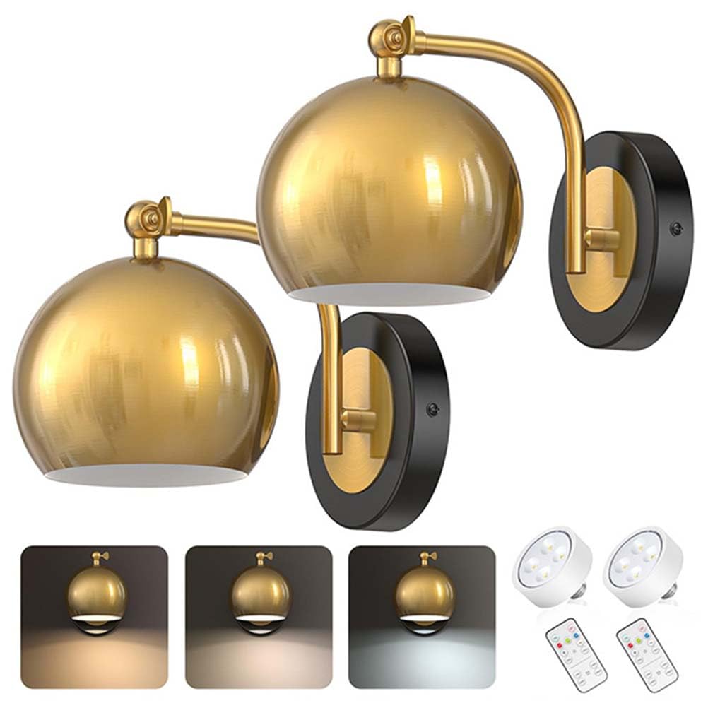 AoLa Innen Wandleuchte Dimmbar mit Fernbedienung Wandlampe E27 Verstellbare Kabellos Wandbeleuchtung Gold Kugel Metall Nachttischlampe Retro Industrial Batteriebetrieben Wand Leselampe,2pack