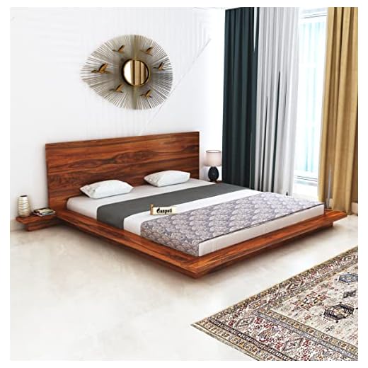 Ganpati Arts Sheesham Wood King Size Lurid Low Height Without Storage Bed with Two Bedside Table for Bedroom Living Room Home Wooden Double Bed Furniture (Natural Finish)