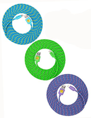 NEWLY Designed, 10ft(3m) Braided Nylon Lightning Charging Cables for Apple iPhone 5 5C 5S,iPhone 6, 6 Plus, iPad 4 Mini, iPod Touch 5/Nano 7, 8 pin to USB - (purple blue green)