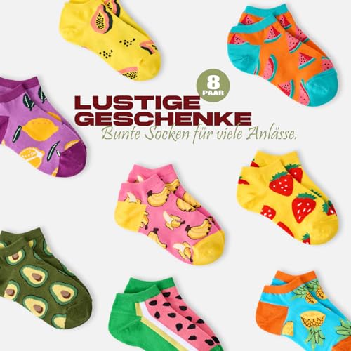 Effeet Lustige Sneaker Socken Damen Mädchen 39-42, 8 Paar Baumwolle Bunte Kurze Socken, Muttertag Geschenk Kleine Geschenke für Frauen Mama, Klassische Früchte