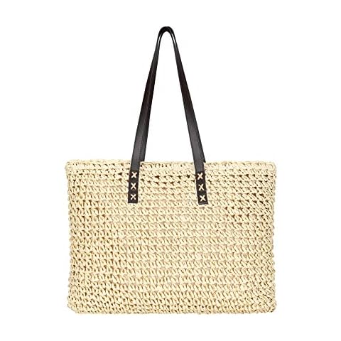 VODIU Women's Handmade Straw Woven Tote Bag,Large Zip Beach Woven Handbag for Summer Cover