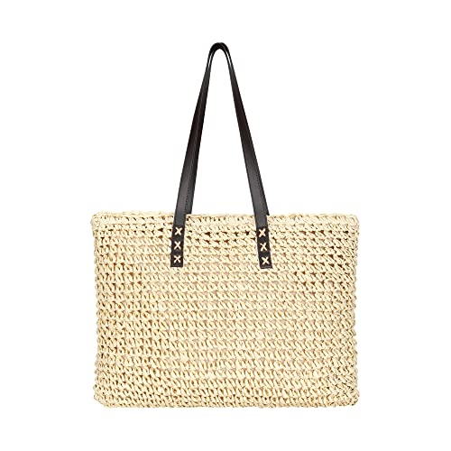 VODIU Women's Handmade Straw Woven Tote Bag,Large Zip Beach Woven Handbag for Summer