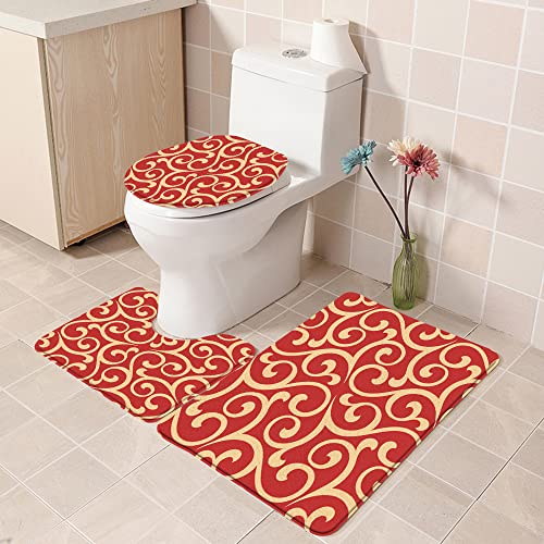 URSOPET Badezimmer Set, rutschfeste Badematte und WC-Vorleger-Set, Schnörkel arabisches Blumenmuster Rotgold Drapierung… – Bild 5