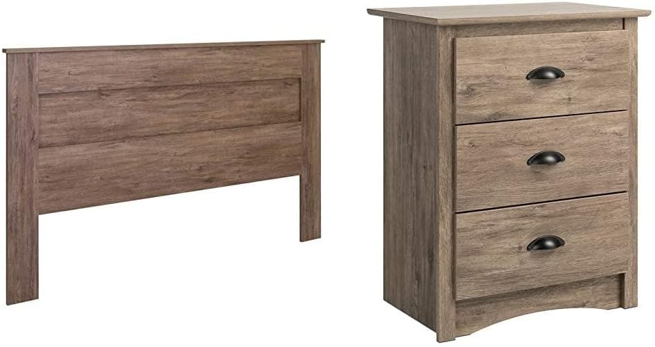 Prepac King Flat Panel Headboard, Drifted Gray & Salt Spring 3-Drawer Tall Nightstand, Drifted Gray