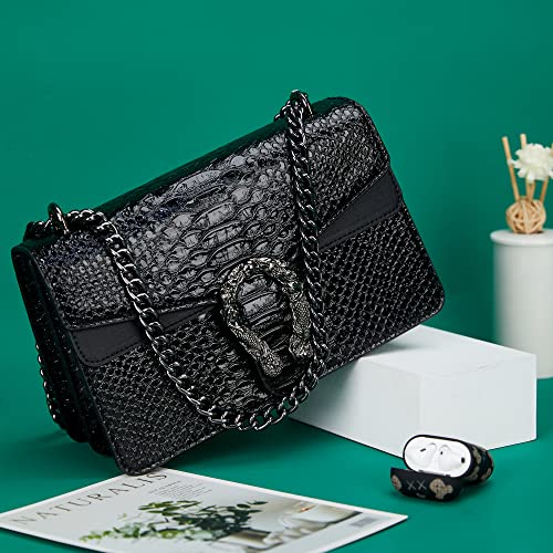 Image of Crossbody Shoulder Square Purse For Women - Fashion Embossed Snake-Print Leather Handbag Metal Chain satchel Tote Bag