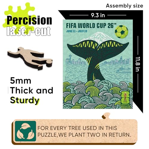 Image of FIFA World Cup 2026 Seattle City Poster Wooden Puzzle for Adults, 200 Piece Unique Shape Jigsaw Puzzle, 5MM Thick, Officially Licensed Soccer Fan Collectible Gift, 9.3x11.8''