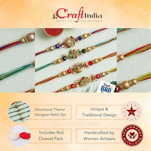 Image of eCraftIndia Lord Ganesha Om Shivling Radhe Krishna Designer Rakhi Set of 4 | Rakhi for Brother Bhaiya Bhai with Best Bro Ever Fridge Magnet | Roli Chawal Pack
