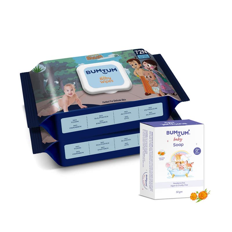 Image of Bumtum Chota Bheem Gentle Soft Moisturizing Wet Wipes With Lid - 144 Pcs.(Pack of 2) & Baby Soap 50 Gram (Pack of 1) Combo